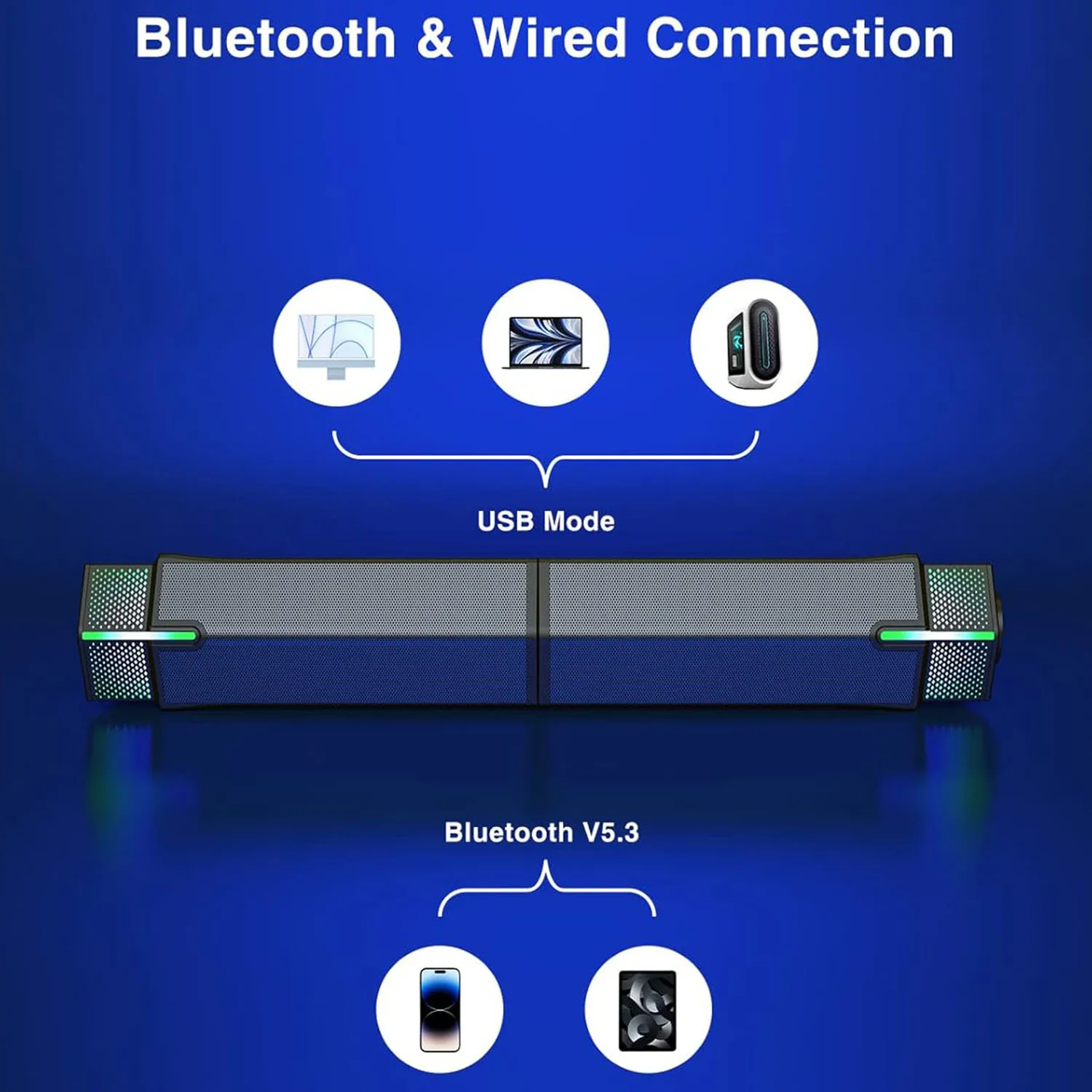 Wireless Sound Bar with Superb Stereo Sound and LED Lighting