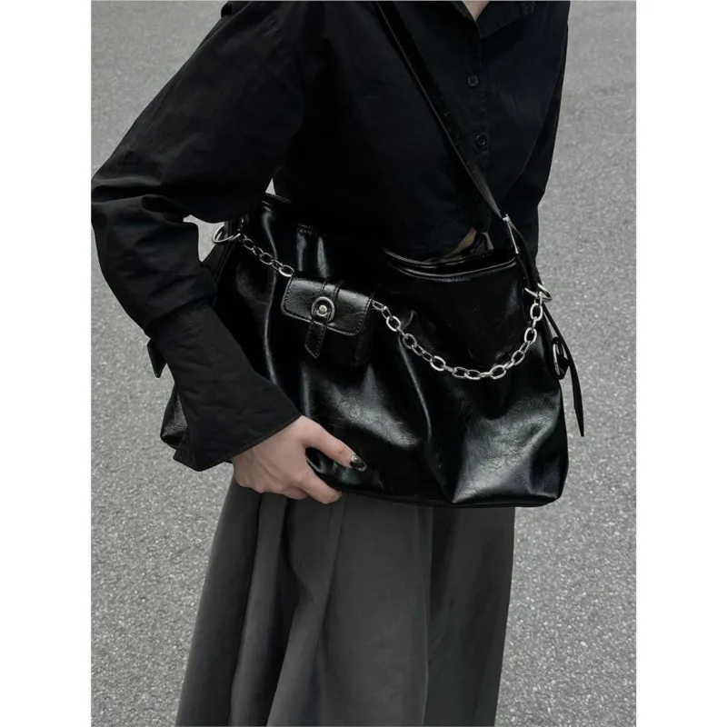 JIAERDI Black Vintage Underarm Bag Women Harajuku Chain Decorative Shoulder Bag With Headphone Bag Large Capacity Tote Bag Y2k