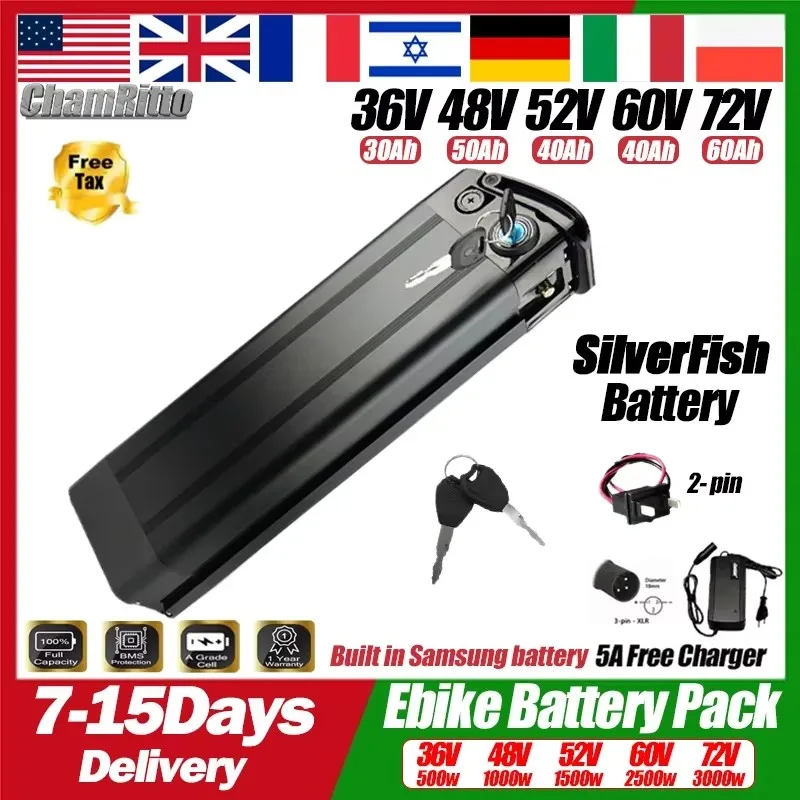 SilverFish 36v 48v 52v 60v72v Electric Bike Downtube Lithium Battery 20ah 30ah 40ah 50ah 60ah Accu De Litio 750w 2000w