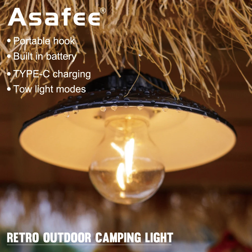 

Asafee New Strong Light LED Camping Light Warm Light Atmosphere Tent Light Built-in Battery With Hook TYPEC Rechargeable Camping