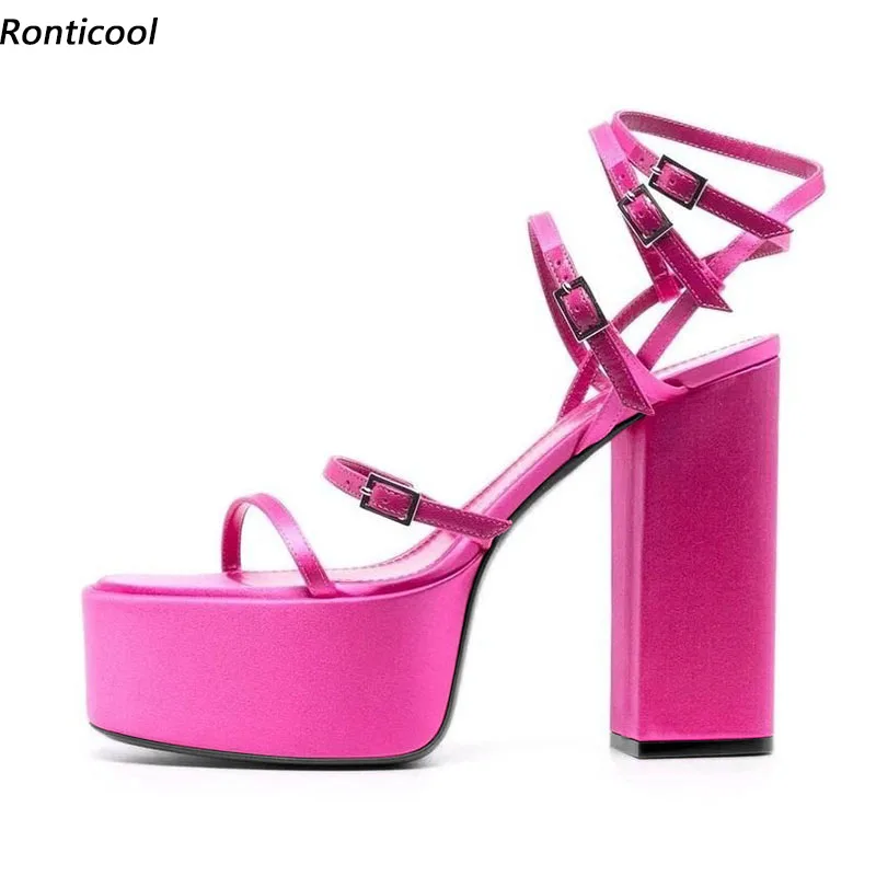 

Новые женские летние сандалии Ronticool, атласные туфли с ремешком на щиколотке на массивном каблуке, с квадратным носком, искусственная обувь, размеры 5-15