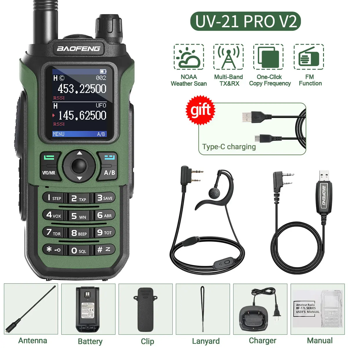 New UV-21 PRO V2 Walkie Talkie Wireless Copy Frequency Professional Air Band Long Range 16 km High Power Two Way Ham Radio 4