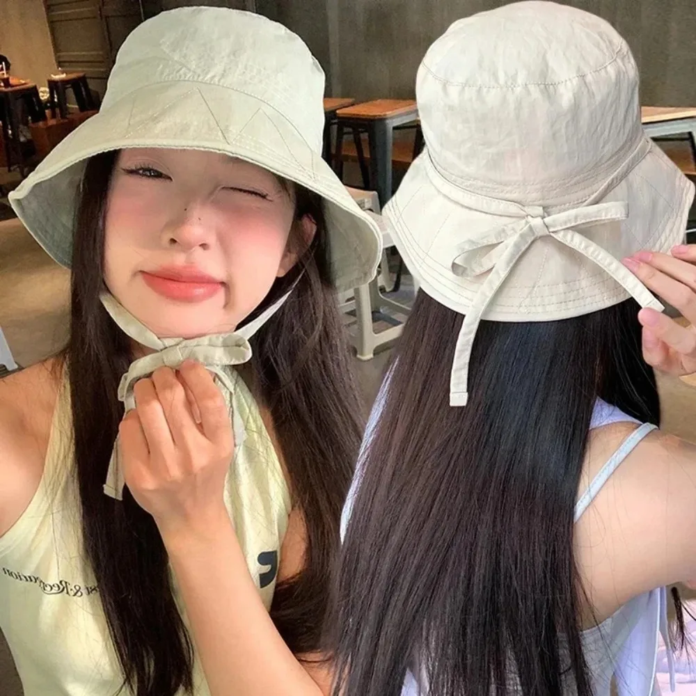 인스 윈드브레이커 로프 피셔맨 햇 얇은 단색 햇빛 가리개 버킷햇 레이스업 타이 버킷캡 여름 레이스업