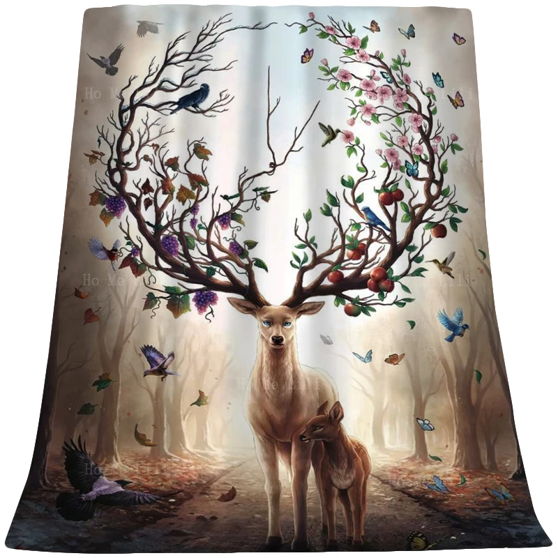 

Deer With Blossoming Antlers Tree Dream Forest Animal Seasons Art Fantasy Elk Abstract Soft Cozy Flannel Blanket