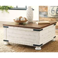 Wystfield Farmhouse Square Storage Coffee Table with Hinged Lift Top, Distressed White 2