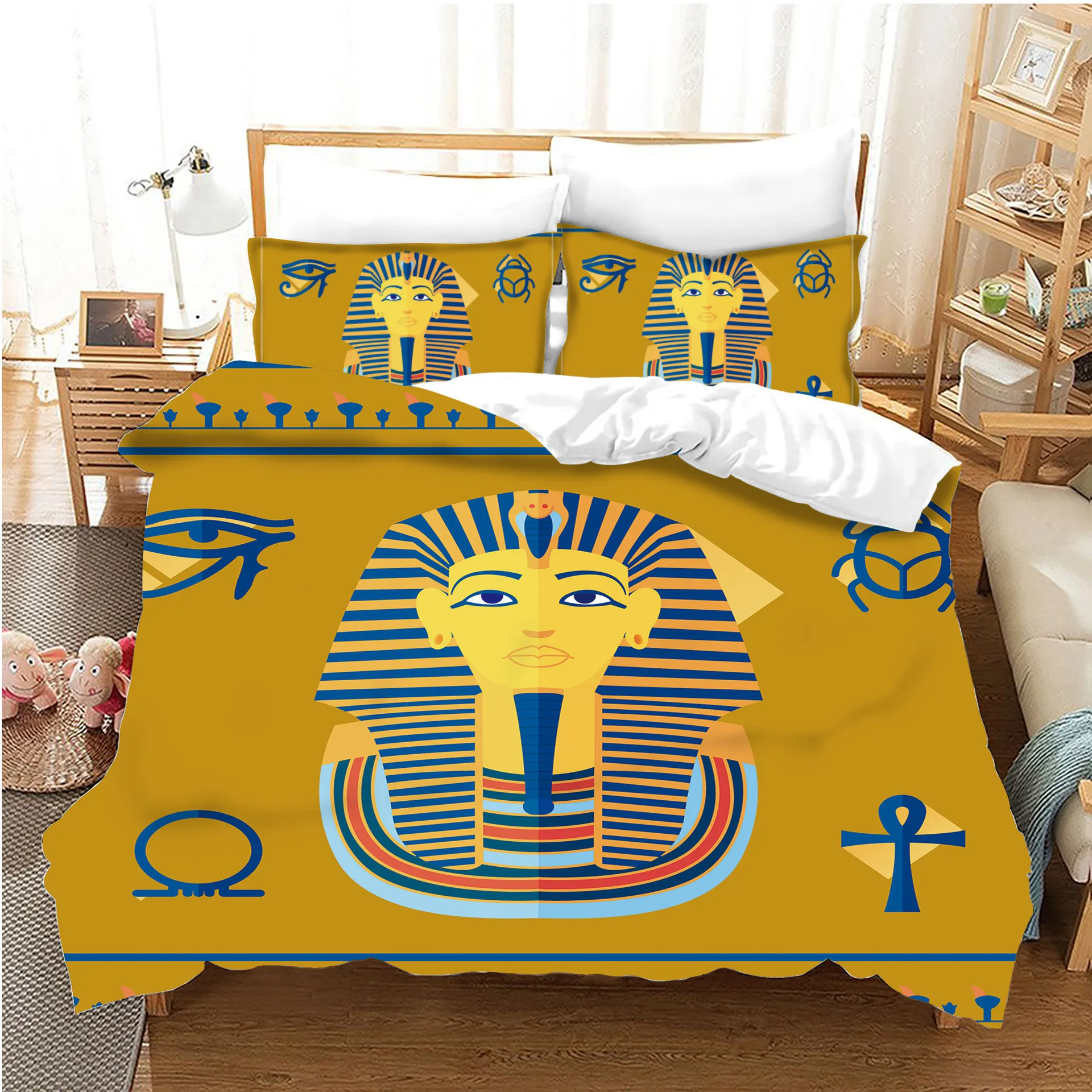Pharaoh Bedding Sets,King Size 3D Ancient Egypt Tribe Decor Comforter Cover Set for Adult Egyptian Pyramid Polyester Duvet Cover - Image 5