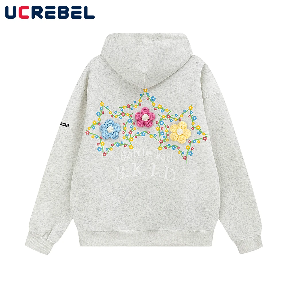 

Flower Decoration Hooded Sweatshirts Mens Vibe Style Casual Long Sleeve Streetwear Hook Flower Loose Hoodies Men