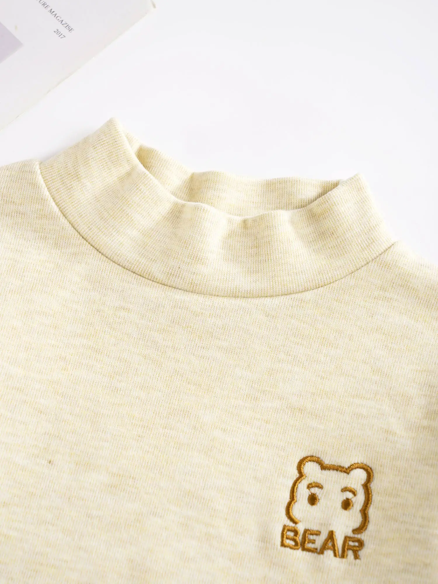 Kids Girls Boys Cute Bear Undershirt Embroidery T-shirt Solid Color Mock Neck Long Sleeve Thermal Underwear Tops