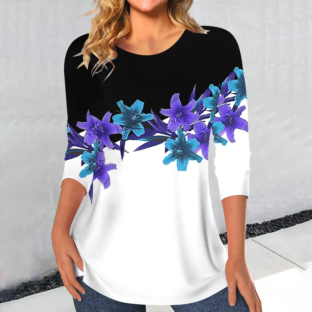 Women's Casual Rose Print T Shirt For Women Elegant Fashion Female Clothes Streetwear Vintage Long Sleeve Loose Tops Oversized 2