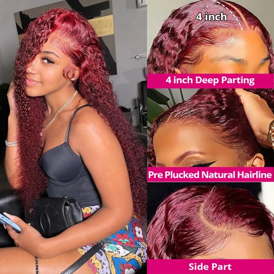 13x4 Deep Curly Lace Frontal Wig Transparent 99J Burgundy 13x6 Full Lace Front Wigs Red Colored HD Deep Wave Human Hair Wigs