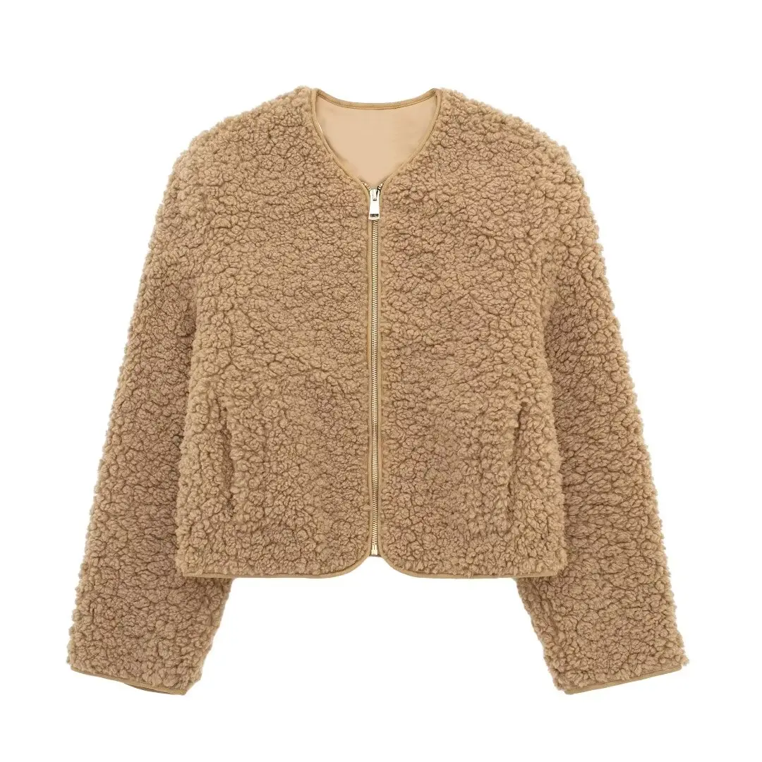 

Women's 2023 Winter Fashion Casual Joker Pocket Lamb Wool Loose Jacket Coat Retro Long Sleeve Zipper Women's Coat Chic Coat