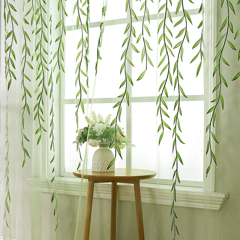 Voile Curtains Pair – Leaves Print Sheer Panels, Top Quality, Bay Window Compatible