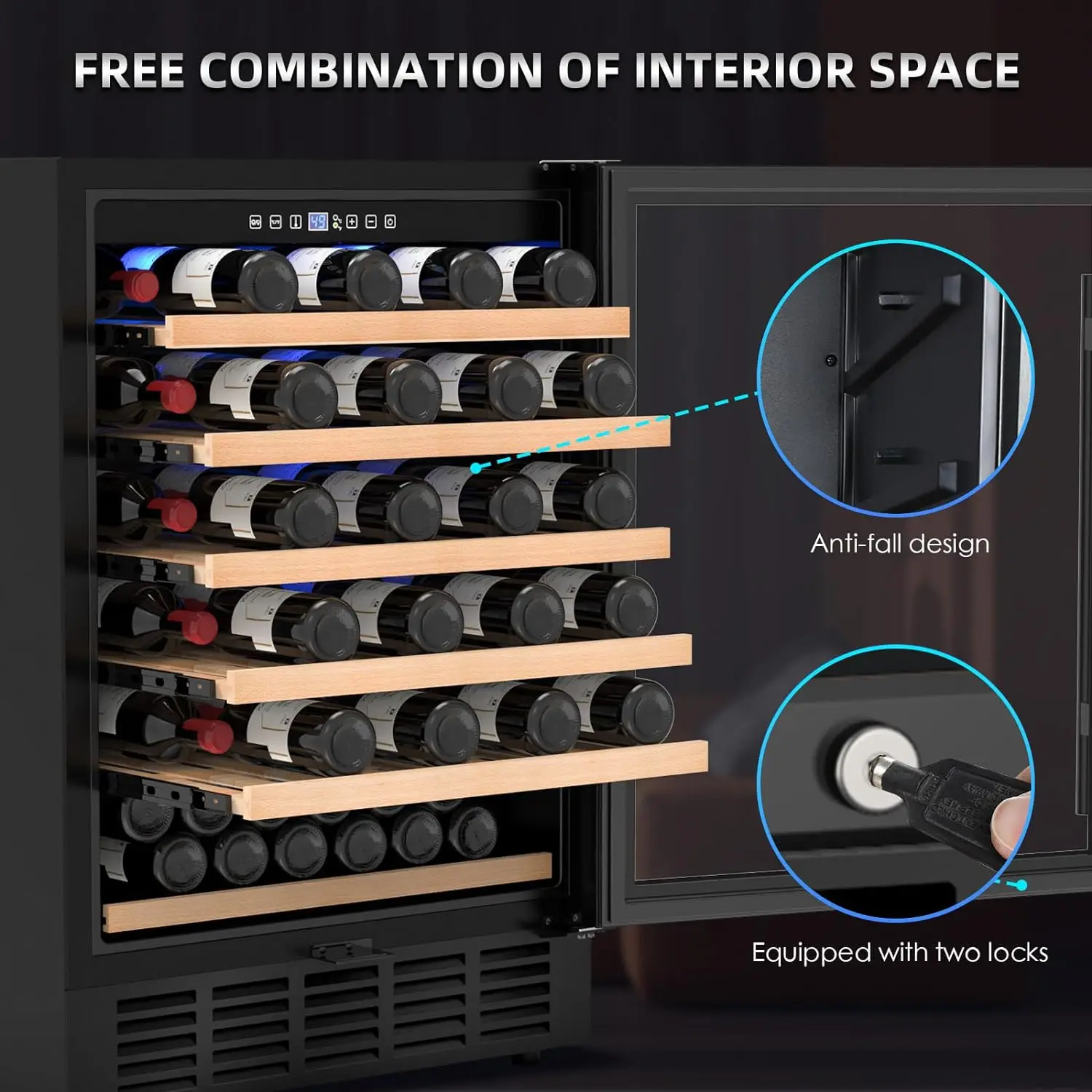 24 inch Wine Cooler, 51 Bottle-Dual Zone Built-in or Freestanding Fridge with Stainless Steel Reversible Glass Door, for Home