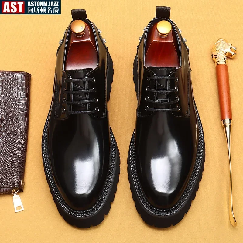 Men's Oxfords Genuine Leather Male Wedding Party Dress Shoes Round Head Lace-Up Office Suit Formal Derby