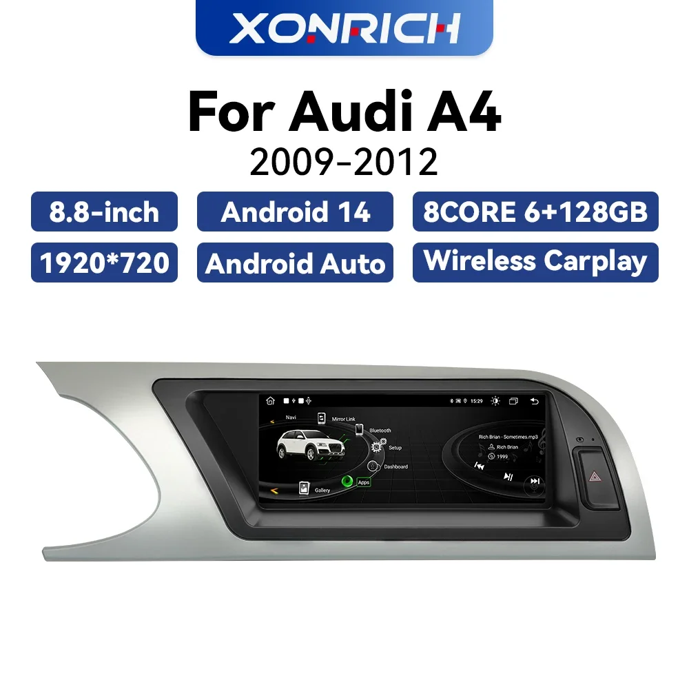 Radio con GPS para coche, reproductor inalámbrico con voz IA, Carplay, Android 14, 4G, WIFI, BT, Navi, DSP, Android, estéreo, para Audi A4 2009-2016 1