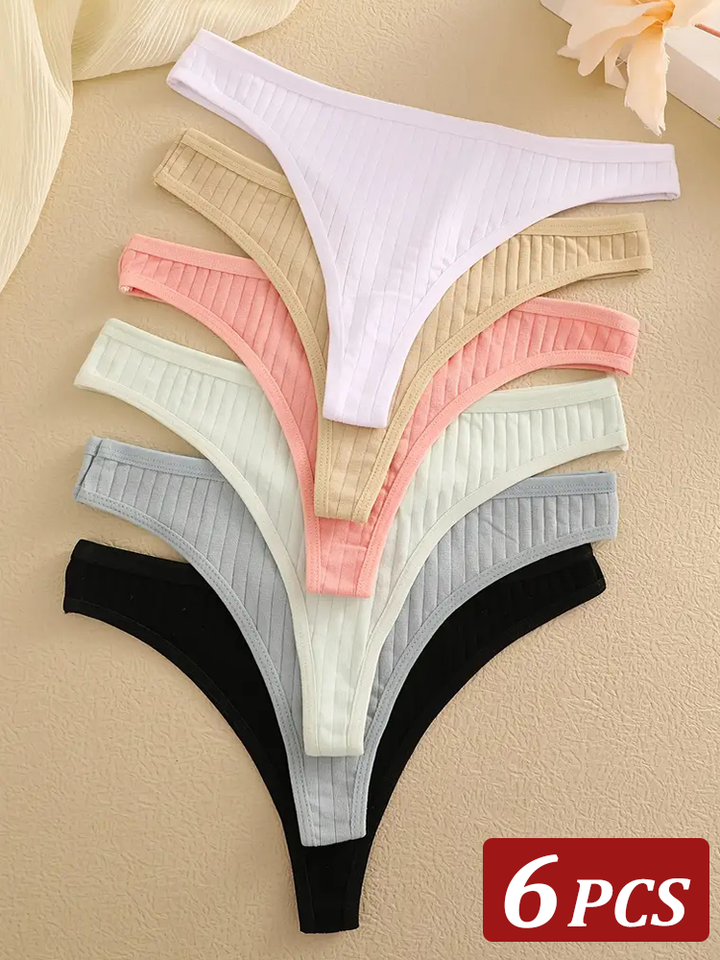 6Pcs/Set Women Cotton Thongs Panties Female Ribbed Low Rise G-String Ladies Sexy Bikini 7 Solid Color Girl Soft S-XL Intimates
