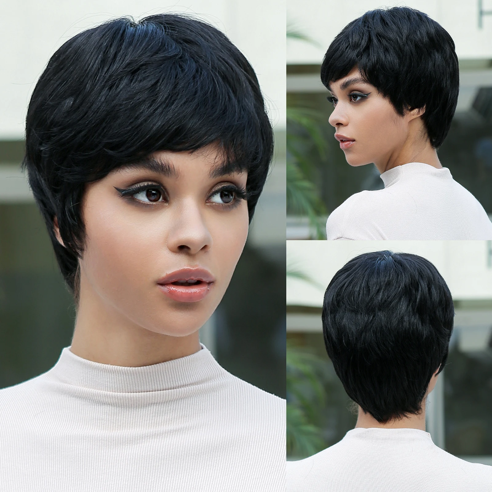 

Short Black Human Hair Wigs Pixie Cut Wig for Black Women Natural Color Wear and Go Glueless Full Machine Made Human Hair Wigs