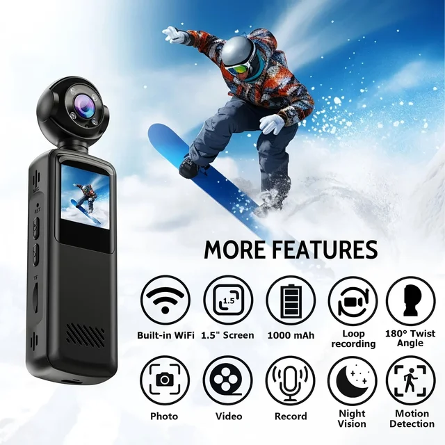 Portable 48MP HD Action Camera 180° Rotatable Night Vision Wearable Mini Camcorder for Outdoor Cycling Hiking Skiing Recording