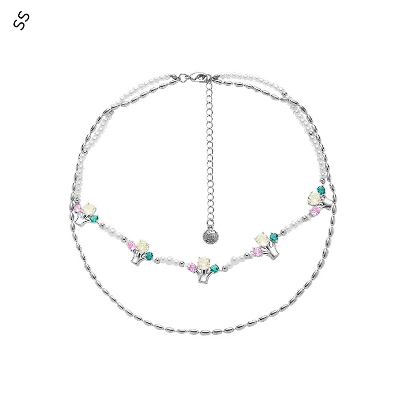 

Color Glass Christmas Tree Folded Necklace Female Light Luxury Spice Collarbone Chain Niche Design Unique Alloy Choker