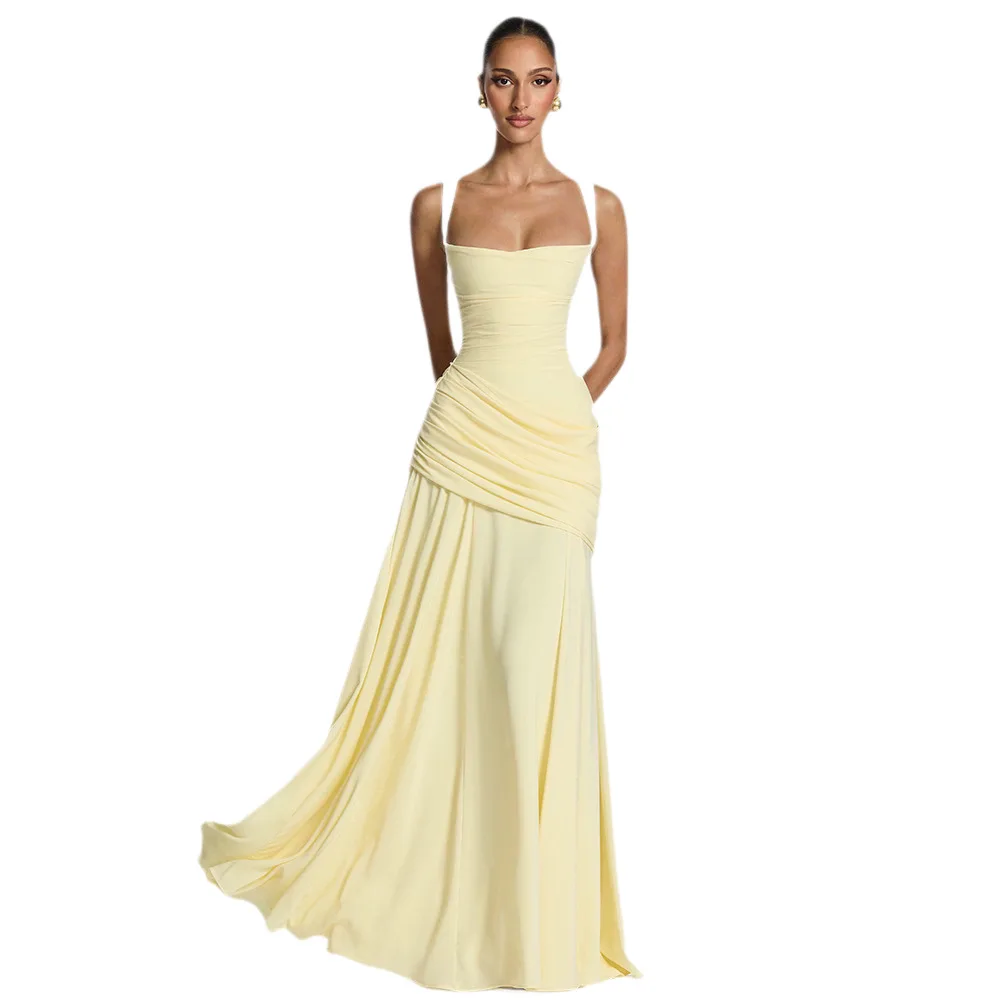 Elegante Abito Lungo Monocolore Senza Maniche con Vita Stretta, Vestito da Donna Elegante e Raffinato Senza Spalline, Abito da Sera Lungo fino al Pavimento - immagine 5