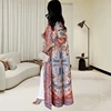 Abaya Miyake Pleated Printed Robe Jacket Arabian Dubai Style Women's Long Sleeve Conservative Demure Muslim Trench Coat 55inches