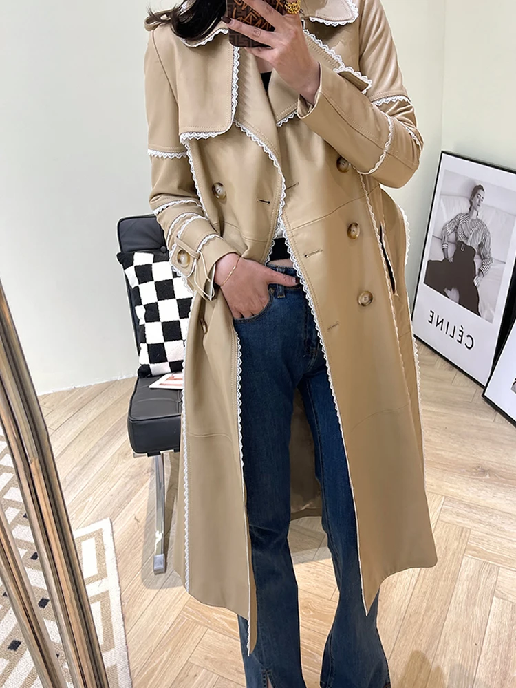 European Women Leather Trench Coat 2023 Winter Suit Collar Lace