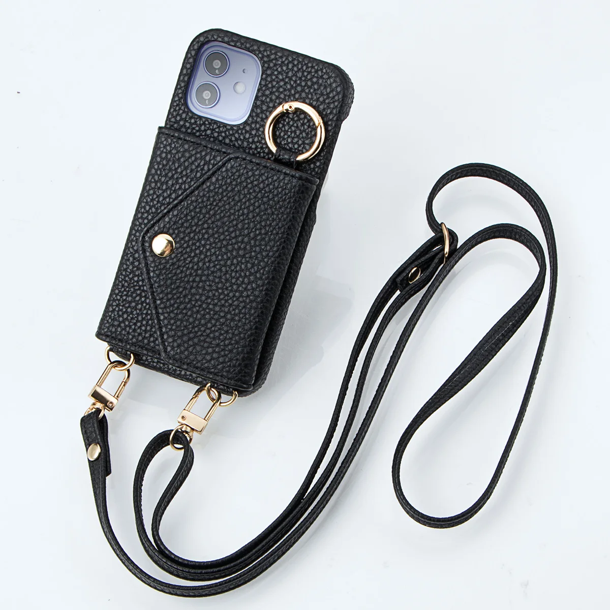 Elegant Leather Phone Case with Anti-Drop Protection, Long Lanyard, and Built-In Mirror