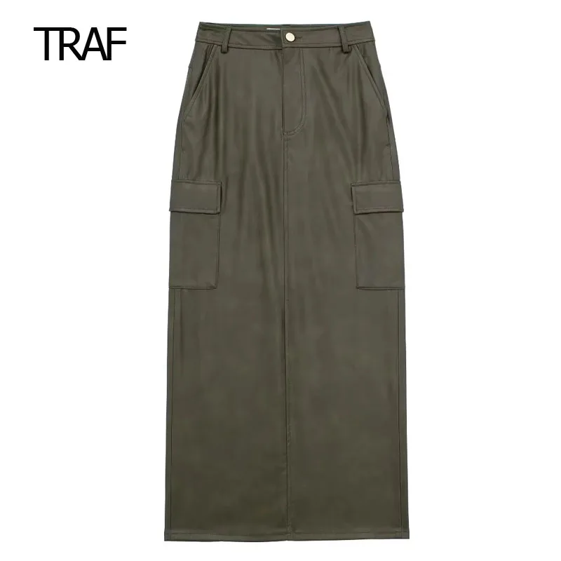 

TRAF Faux Leather Long Skirts for Women Cargo Skirt Autumn 2023 Midi Slit Skirts High Waist Green Leather Elegant Woman Skirt