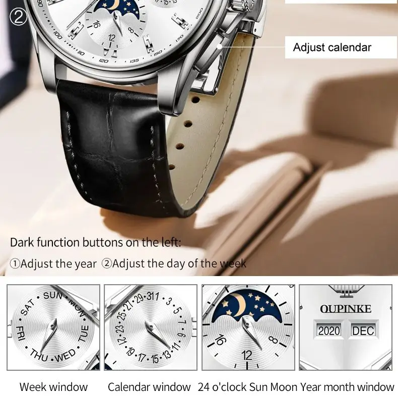 OUPINKE Original Automatic Mechanical Watch for Men Leather Waterproof Luxury Brand Moon Phase Men's Wristwatches Reloj Hombre