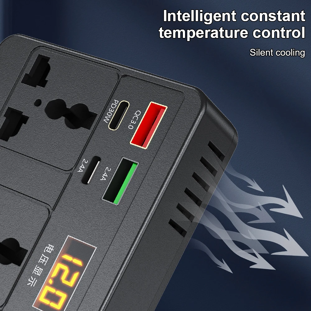 מתאם מצת סיגרים 200W, ממיר מתח לרכב, ממיר מתח DC 12V 24V ל-220V, 7 יציאות, מטעני USB מסוג PD Type-C, שקע AC