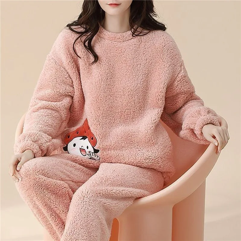 Autumn Winter Kawaii Cartoon Pajama Sets Women Pyjamas Stripe Flannel Loung Sleepwear Girl Pijama Mujer Night Suits Homewear PJ