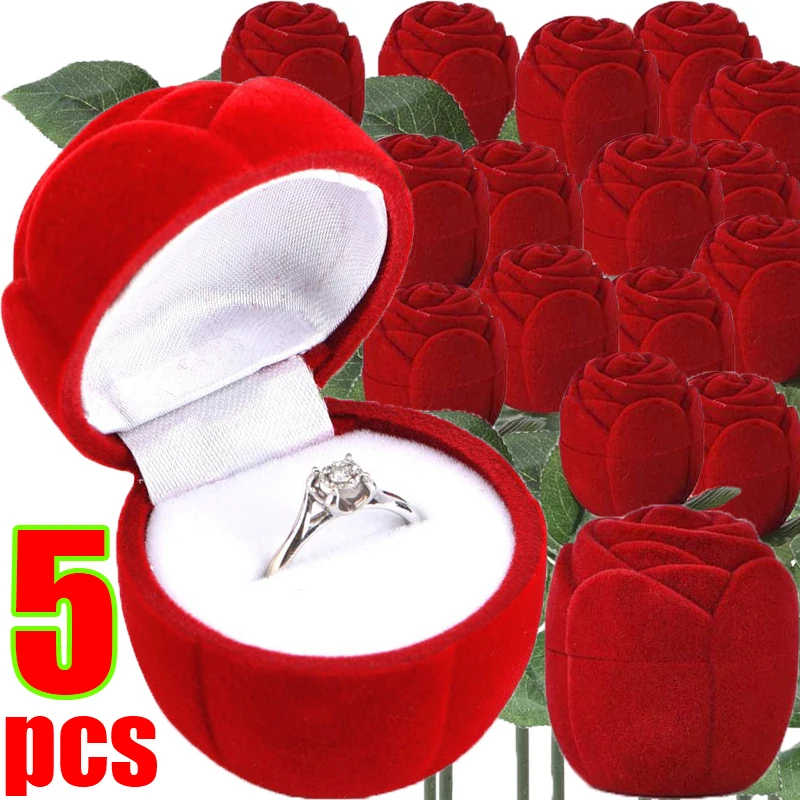 1-5pcs Red Rose Ring Boxes Velvet Flower Jewelry Display Holder Bridal Wedding Romantic Heart Flocking Storage Case