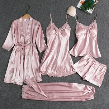 5Pcs Ice Silk Robe Sleep Pajama Set Women's Ventilate Lace Satin Pajamas Gown V-Neck Casual Wear Home Nightwear Spring Sleepwear 1