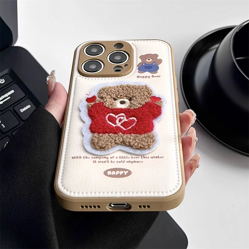 Embroidered Love Heart Bear Leather Drum Bag Case For iPhone 16 Pro Max 15 13 14 Soft Phone Back Cover