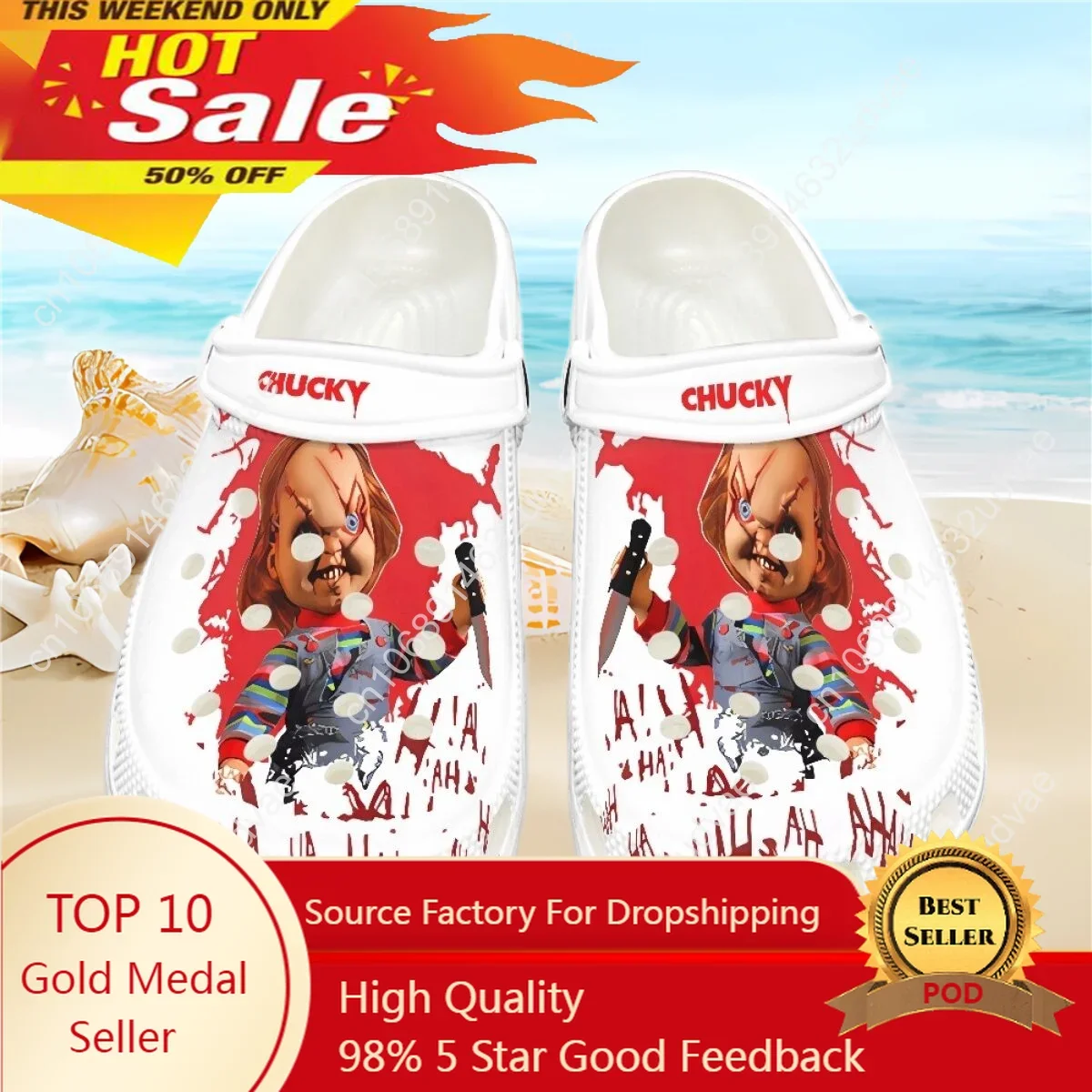 

Unisex Beach Hole Shoes Chucky Print Spring Summer Casual Child's Play Sandales for Adults Teens Walking Flats Clogs