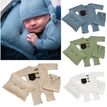  3Pcs Newborn photography Props Costume Baby Boys Girls Long Sleeves Romper Knot Sleepy Hat Posing Pillow Pajama Accessories 