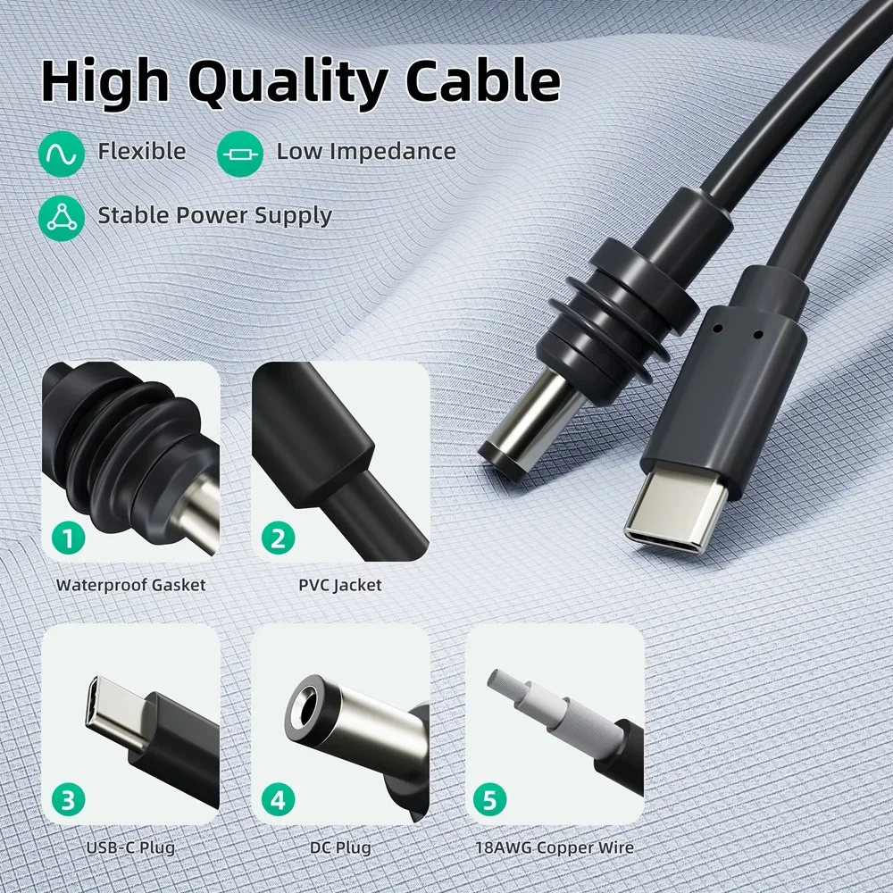 Power Cable For Starlink Mini 2M(6.6ft) DC Power Type-C Input Replacement Waterproof Outerdoor Barrel Jack Charging