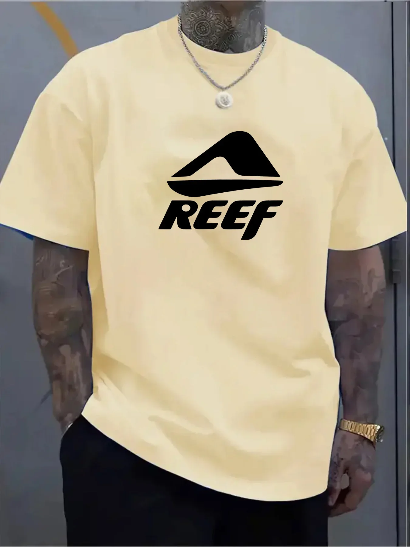 T-shirt Décontracté pour Hommes en Pur Coton avec Motif Géométrique et Lettre REEF