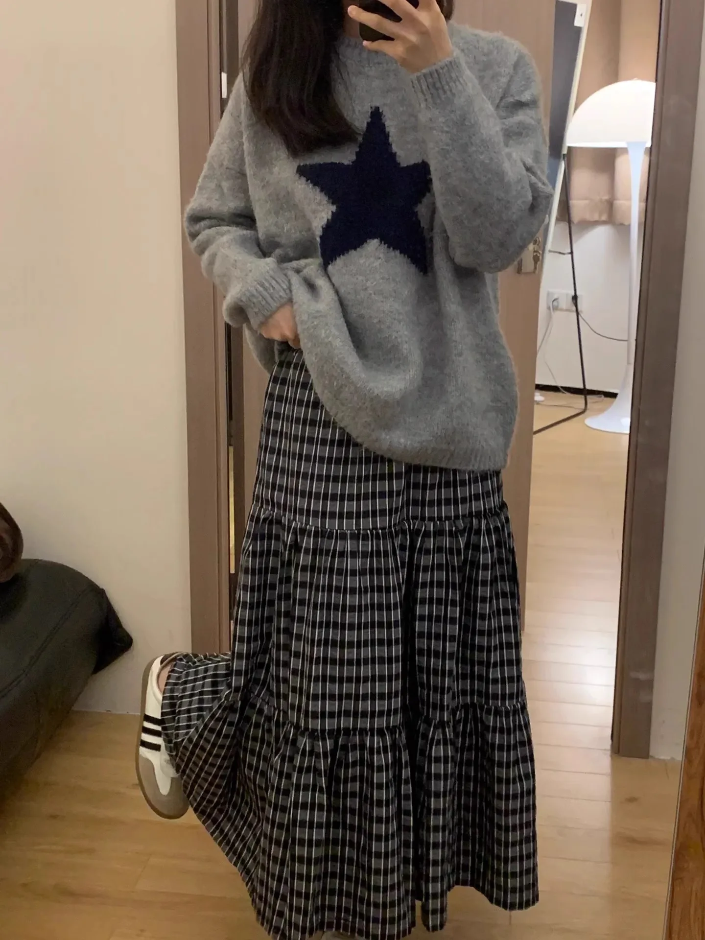 Soft Cozy round Ne Knitted Sweater Women's Loose Fit Autumn Winter Lazy College Sle fiti ey Star Pattern Knitwear