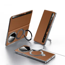 Sulada Genuine Leather Smart Window View Flip Case with Metal Magnetic Ring Holder & Kickstand - Honor magic v6 (Brown)