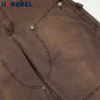 Removable Double Knee Denim Carpenter Pant Mens Retro High Street Straight Wide Leg Washed Distressed Jeans Men 6