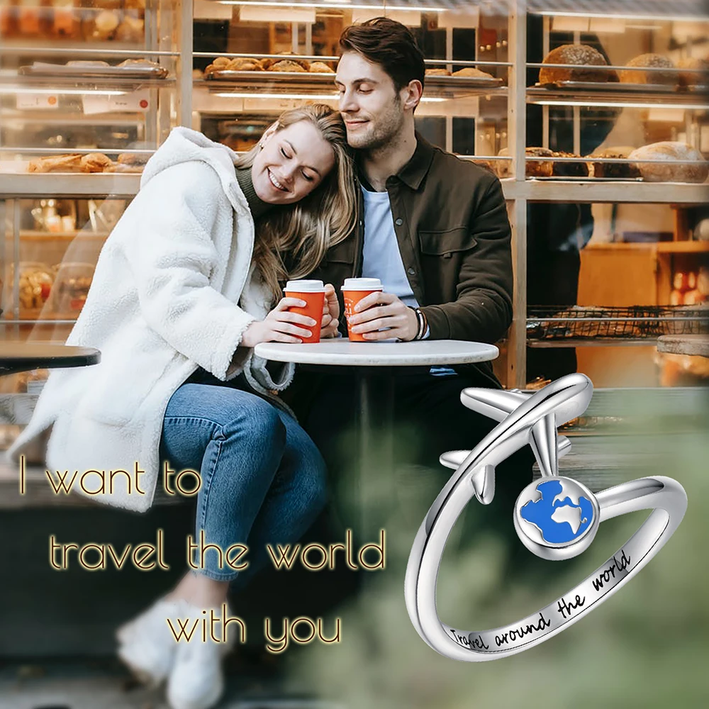 Anello Mappa Del Mondo Con Aereo In Argento 925 - Regolabile, Tema Viaggio, Per Donna, Regalo Anniversario