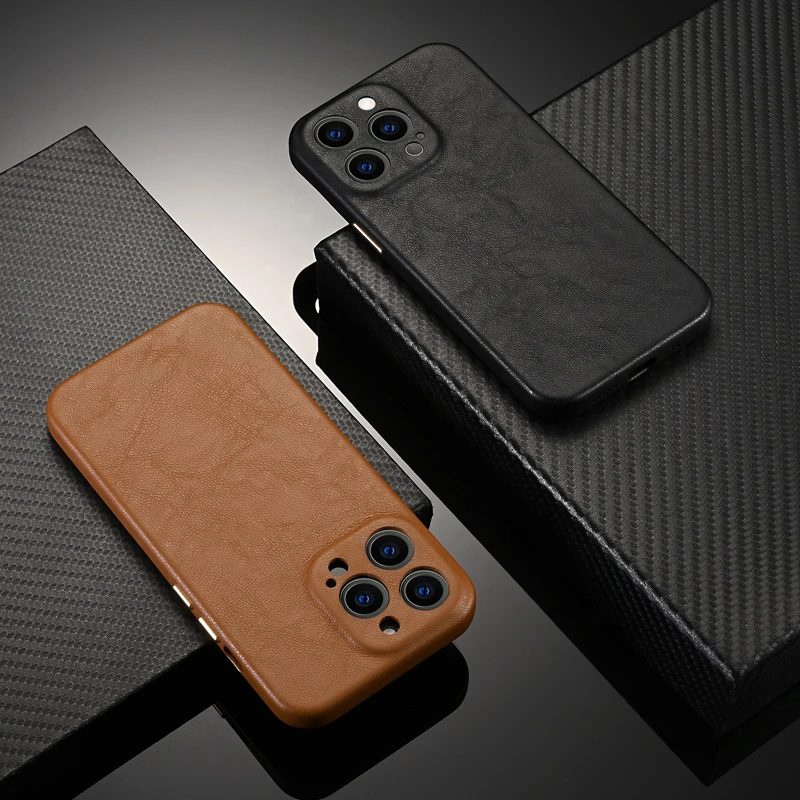 For iPhone 13 Pro Max Luxury Genuine Leather Case Camera Lens Protection Back Cover For iPhone 14 Pro Max Metal Button Case