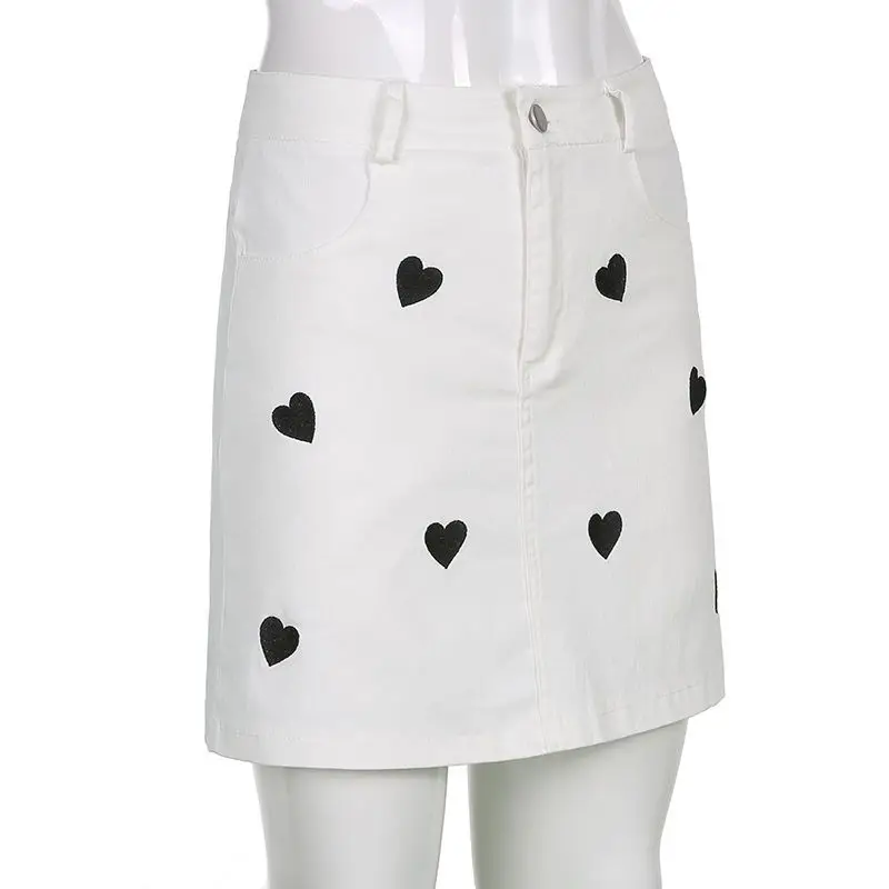 Denim Skirt Preppy Style Love Heart Embroidered Women'S Lined High-Waisted Leg-Lengthening Hip-Covering Short Skirt