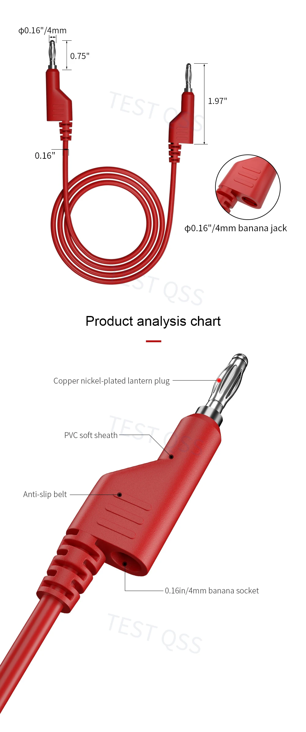 QSS 2 Stück 100 cm Multimeter-Messleitungen, 4 mm Bananenstecker auf Krokodilklemme, Kabeldraht, rot, schwarz, Zubehör für Elektrowerkzeuge – Detail 2