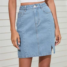 

Temperament Commuter Washed Mid Waist Split Denim Skirt Women Loose Solid Button Skirts Fashion Sexy Summer Cowgirl Skirt Ladies