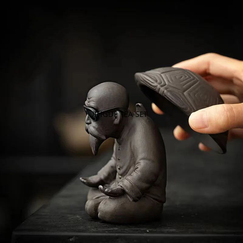 Purple Clay Turtle Shell Elderly Statue Tea Leaks Tea Pets Cute Characters Home Tea Room Art Decorations