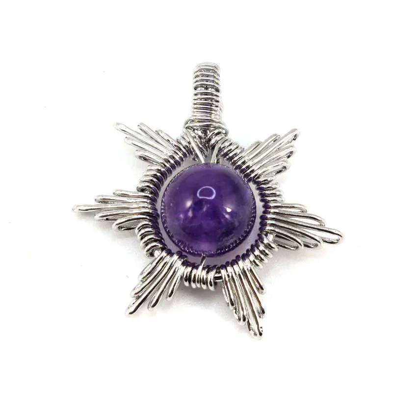 Kft Natural Healing Crystal Quartz Wire Wrapped Round Beads Stone Sun Shape Black Agate Pendant Opal Jewelry Fai Da Te Per Donna Uomo