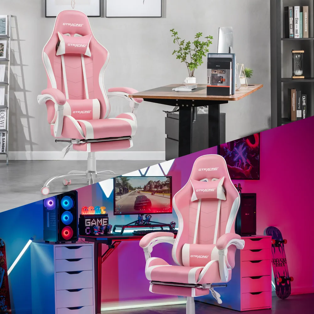 

GTWD-200 Gaming Chair with Footrest, Adjustable Height, and Reclining, Pink