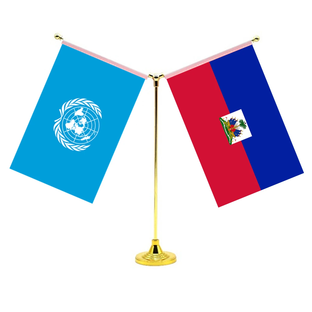 

14x21cm Mini Haitian Flag Office Decoration With Two Flags Of The United Nations And Hayti